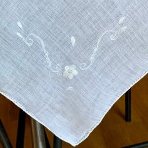 Hand Embroidered White Linen Tablecloth 40” Square Vintage European Openwork Hem